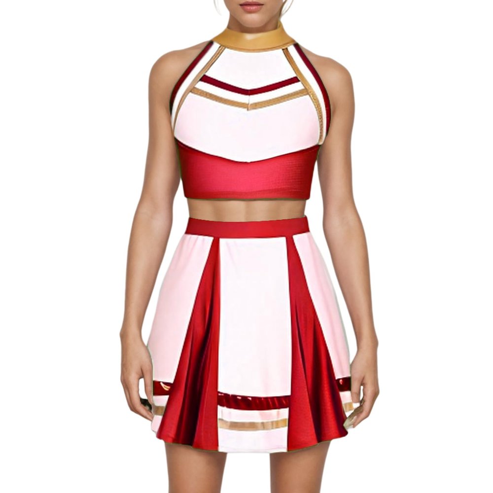 AFAVOM Cheerleader Costume for Women Metallic Cheer Uniform Musical Patchwork Color Block Halter Crop Top with Ruffle Mini Skirt School Fancy Dress Cheerleading Halloween Outfit Red S