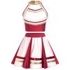 AFAVOM Cheerleader Costume for Women Metallic Cheer Uniform Musical Patchwork Color Block Halter Crop Top with Ruffle Mini Skirt School Fancy Dress Cheerleading Halloween Outfit Red S view 3