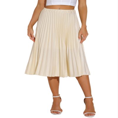 Allegra K Pleated Skirt for Women's Elastic Waist A-line Swing High Waist Skirts Large Beige