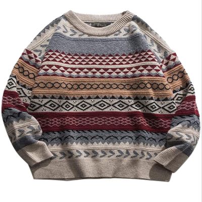 Flygo Men's Vintage Grandpa Sweater Crewneck Oversized Striped Aztec Cable Knit Pullover Unisex Jumper Tops(WineRed-L)