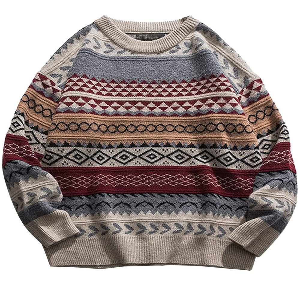 Flygo Men's Vintage Grandpa Sweater Crewneck Oversized Striped Aztec Cable Knit Pullover Unisex Jumper Tops(WineRed-L)