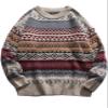 Flygo Men's Vintage Grandpa Sweater Crewneck Oversized Striped Aztec Cable Knit Pullover Unisex Jumper Tops(WineRed-L) view 1