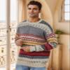 Flygo Men's Vintage Grandpa Sweater Crewneck Oversized Striped Aztec Cable Knit Pullover Unisex Jumper Tops(WineRed-L) view 3