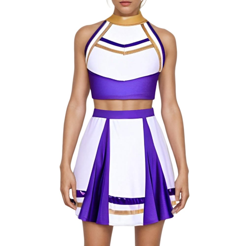 AFAVOM Cheerleader Costume for Women Metallic Cheer Uniform Musical Patchwork Color Block Crop Top with Ruffle Mini Skirt School Fancy Dress Cheerleading Halloween Outfit Purple XS