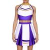 AFAVOM Cheerleader Costume for Women Metallic Cheer Uniform Musical Patchwork Color Block Crop Top with Ruffle Mini Skirt School Fancy Dress Cheerleading Halloween Outfit Purple XS view 1