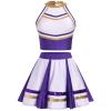 AFAVOM Cheerleader Costume for Women Metallic Cheer Uniform Musical Patchwork Color Block Crop Top with Ruffle Mini Skirt School Fancy Dress Cheerleading Halloween Outfit Purple XS view 3