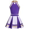 AFAVOM Cheerleader Costume for Women Metallic Cheer Uniform Musical Patchwork Color Block Crop Top with Ruffle Mini Skirt School Fancy Dress Cheerleading Halloween Outfit Purple XS view 4