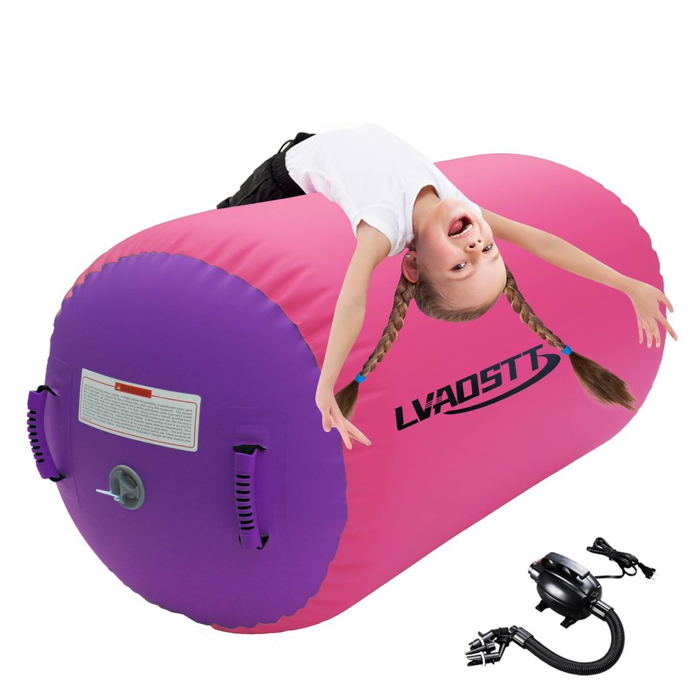 Gymnastics Tumbling Equipment Inflatable Air Roller Balance Cylinder with Pump, 0.6mm High-Density PVC, Air Barrel Trainer for Back Handspring, Cheerleading, Yoga & Gym Multiple Sizes 2.6FT4FT Length