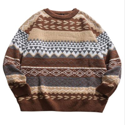 Flygo Men's Vintage Grandpa Sweater Crewneck Oversized Striped Aztec Cable Knit Pullover Unisex Jumper Tops(Coffee-XL)