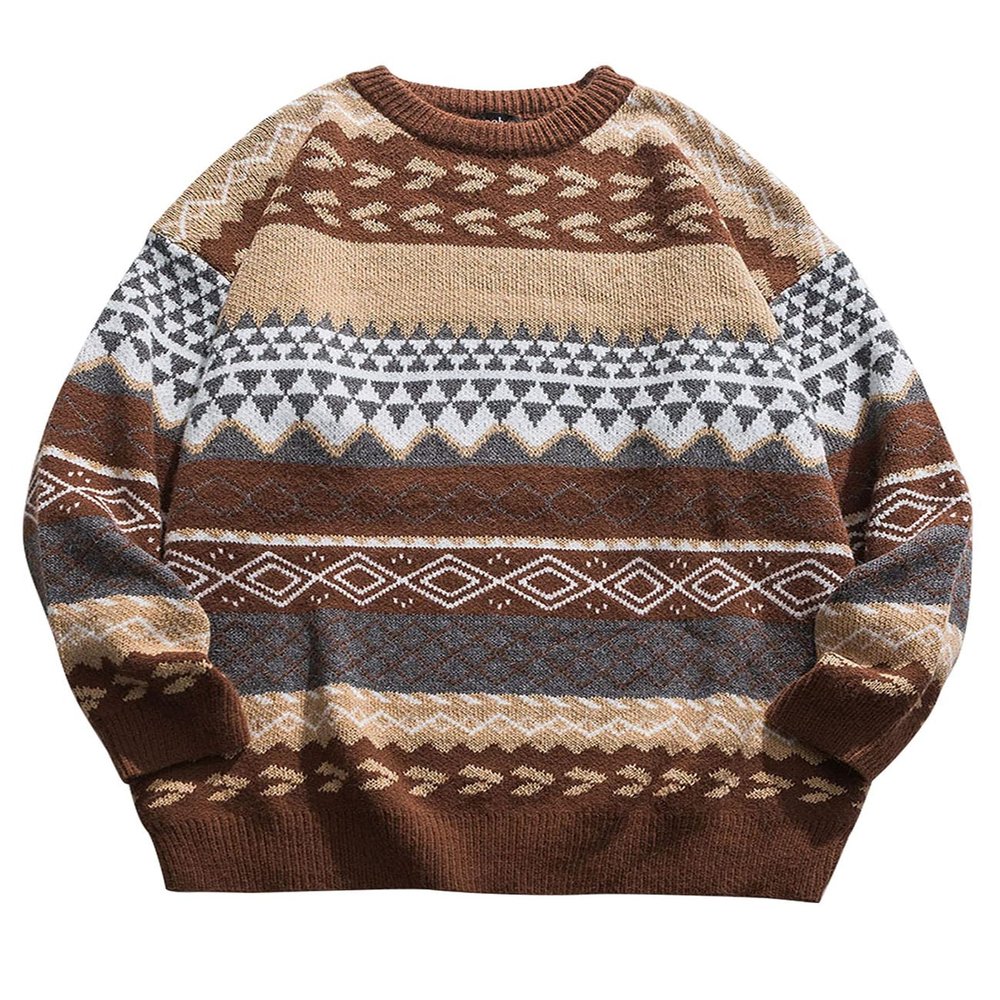 Flygo Men's Vintage Grandpa Sweater Crewneck Oversized Striped Aztec Cable Knit Pullover Unisex Jumper Tops(Coffee-XL)