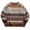 Flygo Men's Vintage Grandpa Sweater Crewneck Oversized Striped Aztec Cable Knit Pullover Unisex Jumper Tops(Coffee-XL) view 1