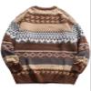 Flygo Men's Vintage Grandpa Sweater Crewneck Oversized Striped Aztec Cable Knit Pullover Unisex Jumper Tops(Coffee-XL) view 3
