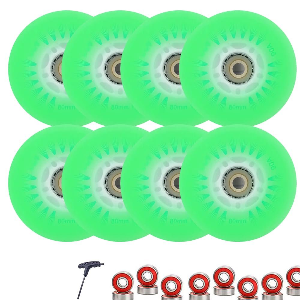 8 Pack Light Up Inline Skate Wheels 72mm 76mm 80mm 64mm 68mm 70mm Inline Wheels Replacement with ABEC9 Bearing 90A Indoor Outdoor Wheels (Green,64mm)