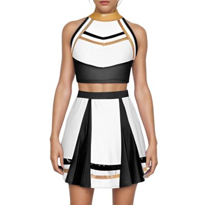 AFAVOM Cheerleader Costume for Women Metallic Cheer Uniform Musical Patchwork Color Block Crop Top with Ruffle Mini Skirt School Fancy Dress Cheerleading Halloween Outfit Black XL