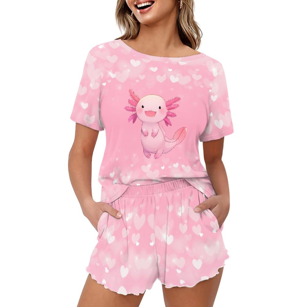 CLOHOMIN Axolotl Short Sleeve Pajama Tops for Women with Ruffle Shorts 2 PCS Women's Sleepwear Pajamas Skin Friendly Round Neck Sleep Set Size 3XL, Pink