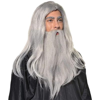 Hperu Wizard Beard Wizard Beard and Wig 1Set Long Grey Magician Wizard Costume Heat Resistant Fiber Costume Wig Santa Halloween Costumes Cosplay Accessory for Adults