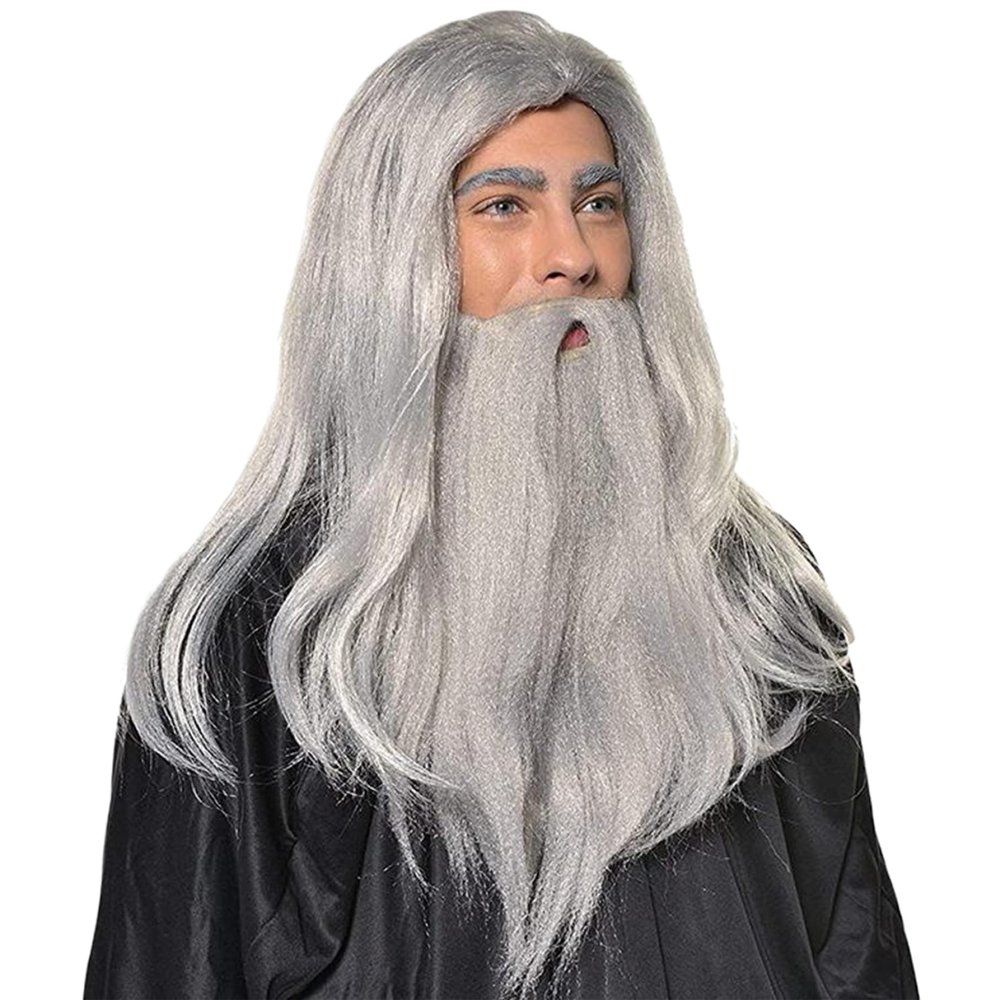 Hperu Wizard Beard Wizard Beard and Wig 1Set Long Grey Magician Wizard Costume Heat Resistant Fiber Costume Wig Santa Halloween Costumes Cosplay Accessory for Adults