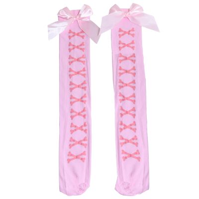 BLULILY Women Halloween Over Knee Long Socks Skeleton Print Sweet Bowknot Thigh High Stockings Holiday Party Tights Hosiery