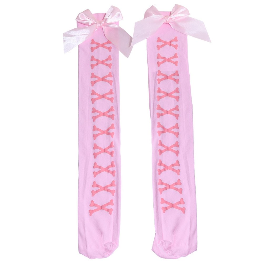 BLULILY Women Halloween Over Knee Long Socks Skeleton Print Sweet Bowknot Thigh High Stockings Holiday Party Tights Hosiery
