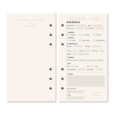 Natmisz:Dive Log Book Scuba Diving,A6 Size 50 Pages Refill Pages,Planner Binder,Equipment,Padi Scuba Diving Gifts