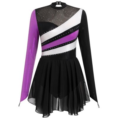 AFAVOM Figure Ice Skating Dress for Women Long Sleeve Glitters Ballet Dance Dress Sparkle Gymnastics Competition Dancewear Dress Performance Lyrical Ruffle Mesh Costume Skirted Leotards Purple S