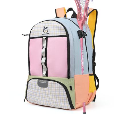 Boulder Bee Lacrosse Backpack with Stick Holders, Field Hockey Bag, Lacrosse Gift for Women (Pink and Blue)