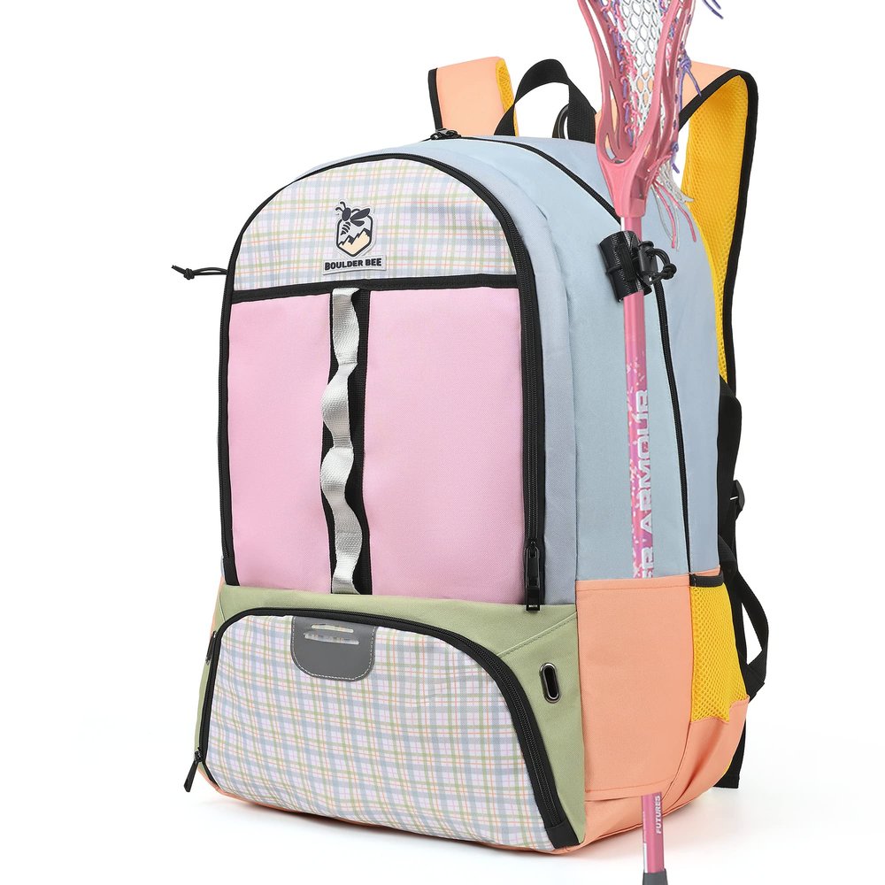 Boulder Bee Lacrosse Backpack with Stick Holders, Field Hockey Bag, Lacrosse Gift for Women (Pink and Blue)