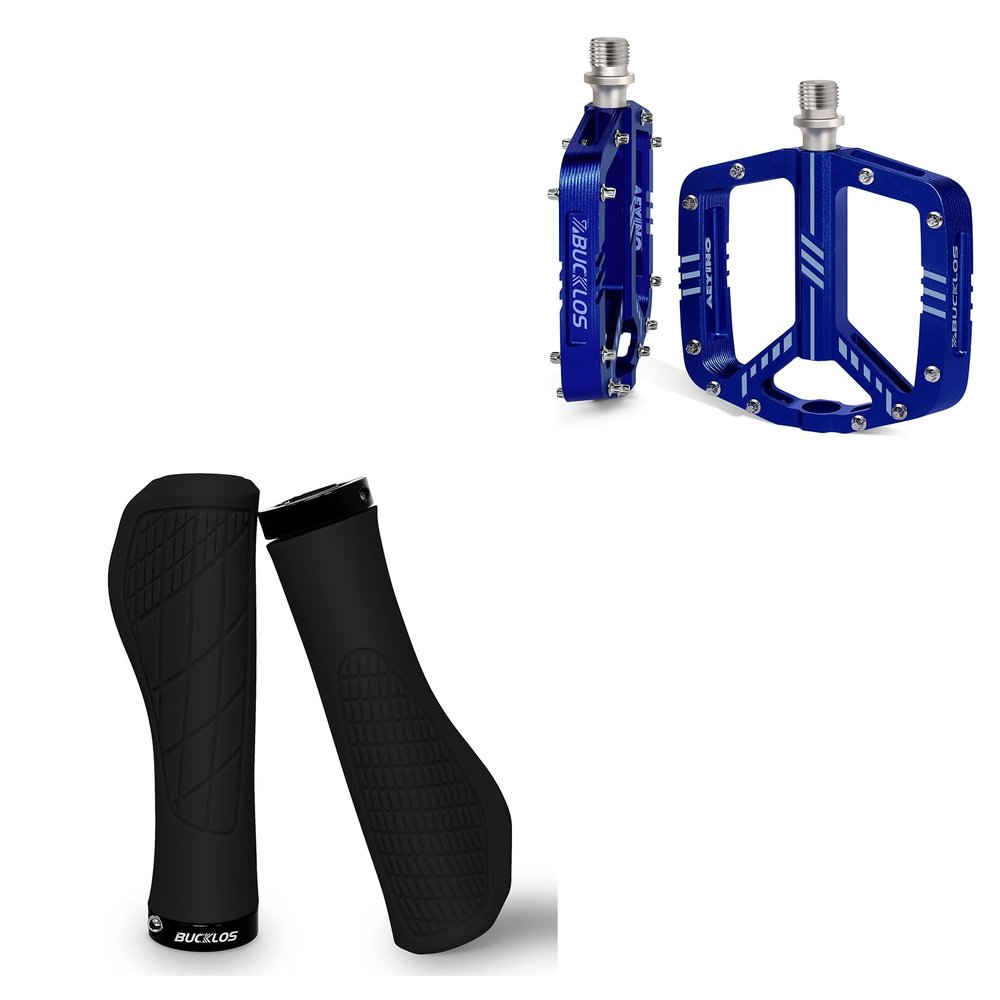BUCKLOS Mountain Bike Handlebar Grips Double Lock-on Bike Grips Anti-Slip Bicycle Handle and MTB Flat Aluminum Alloy Pedal with Large Platform -Non-Slip Pedals