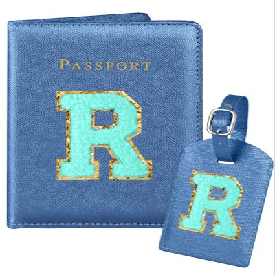 Slohif Passport Holder Initial Lugguage Tag Set Suitcase Cover Wallet Case for Travel Women - Leather Letter Passport Book Personalized Organizer Card Protector Sleeve Essentials Slim Carrier Blue R