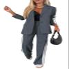 Women 2 Piece Business Outfits Sets Striped Print Blazer Jacket and Wide Leg Pants Work Casual Office Suit Sets (US, Alpha, 5X-Large, Regular, Regular, Darkgray) view 1