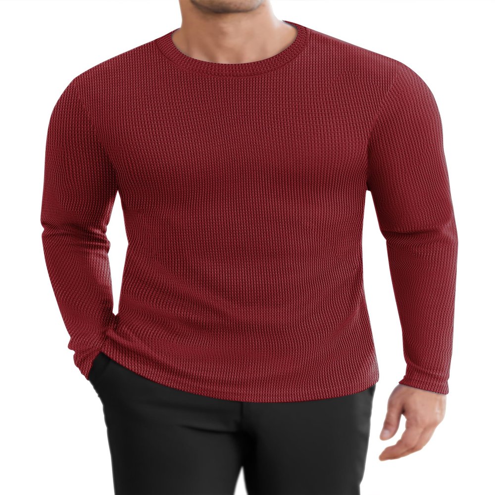 Ekouaer Men's Long Sleeve Shirts Honeycomb Waffle Pullover Sweater Crewneck Thermal Tops Lightweight Undershirts Wine Red