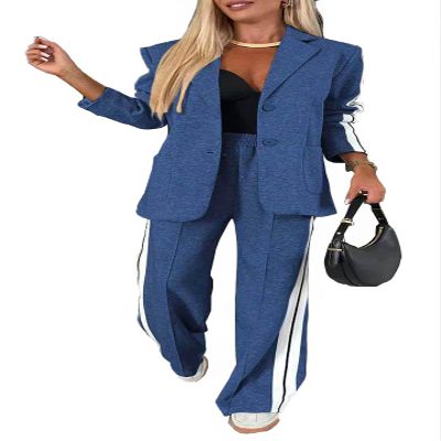 Women 2 Piece Business Outfits Sets Striped Print Blazer Jacket and Wide Leg Pants Work Casual Office Suit Sets (US, Alpha, XX-Large, Regular, Regular, Blue)
