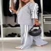 Women 2 Piece Business Outfits Sets Striped Print Blazer Jacket and Wide Leg Pants Work Casual Office Suit Sets (US, Alpha, 4X-Large, Regular, Regular, LightGray) view 4