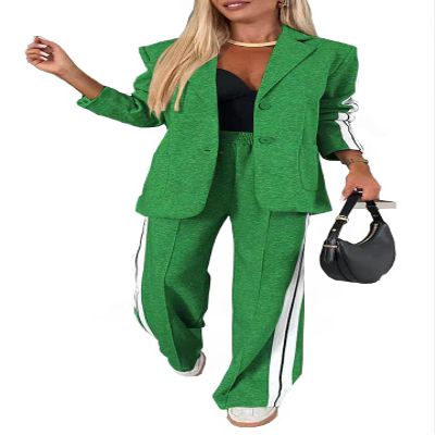Women 2 Piece Business Outfits Sets Striped Print Blazer Jacket and Wide Leg Pants Work Casual Office Suit Sets (US, Alpha, X-Large, Regular, Regular, Green)