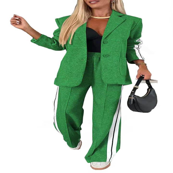 Women 2 Piece Business Outfits Sets Striped Print Blazer Jacket and Wide Leg Pants Work Casual Office Suit Sets (US, Alpha, X-Large, Regular, Regular, Green)