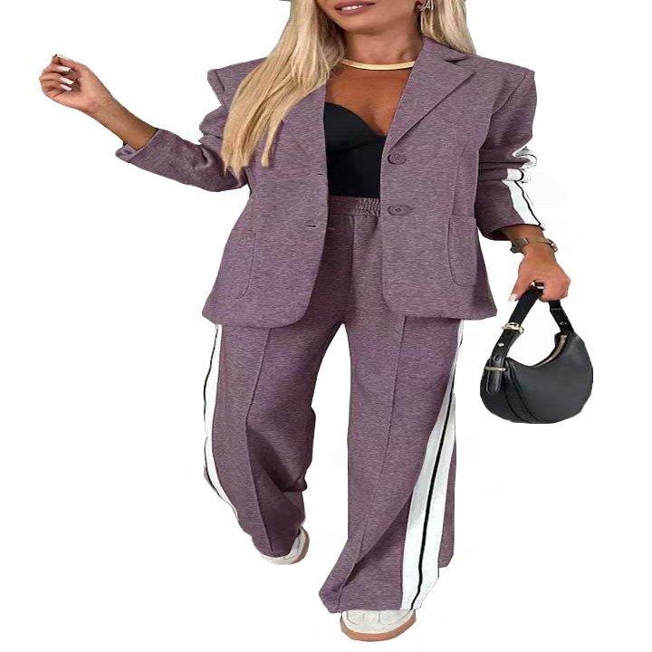 Women 2 Piece Business Outfits Sets Striped Print Blazer Jacket and Wide Leg Pants Work Casual Office Suit Sets (US, Alpha, X-Large, Regular, Regular, Purple)