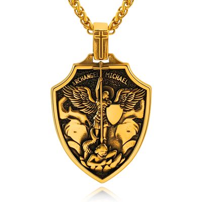 Hoyazvet Men's Archangel Michael Necklace 18K Gold Plated St.Michael Necklace Pendant for Men Women Christ Protection Amulet