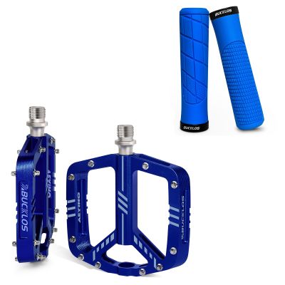 BUCKLOS Mountain Bike Handlebar Grips Double Lock-on Bike Grips Anti-Slip Bicycle Handle and MTB Flat Aluminum Alloy Pedal with Large Platform -Non-Slip Pedals