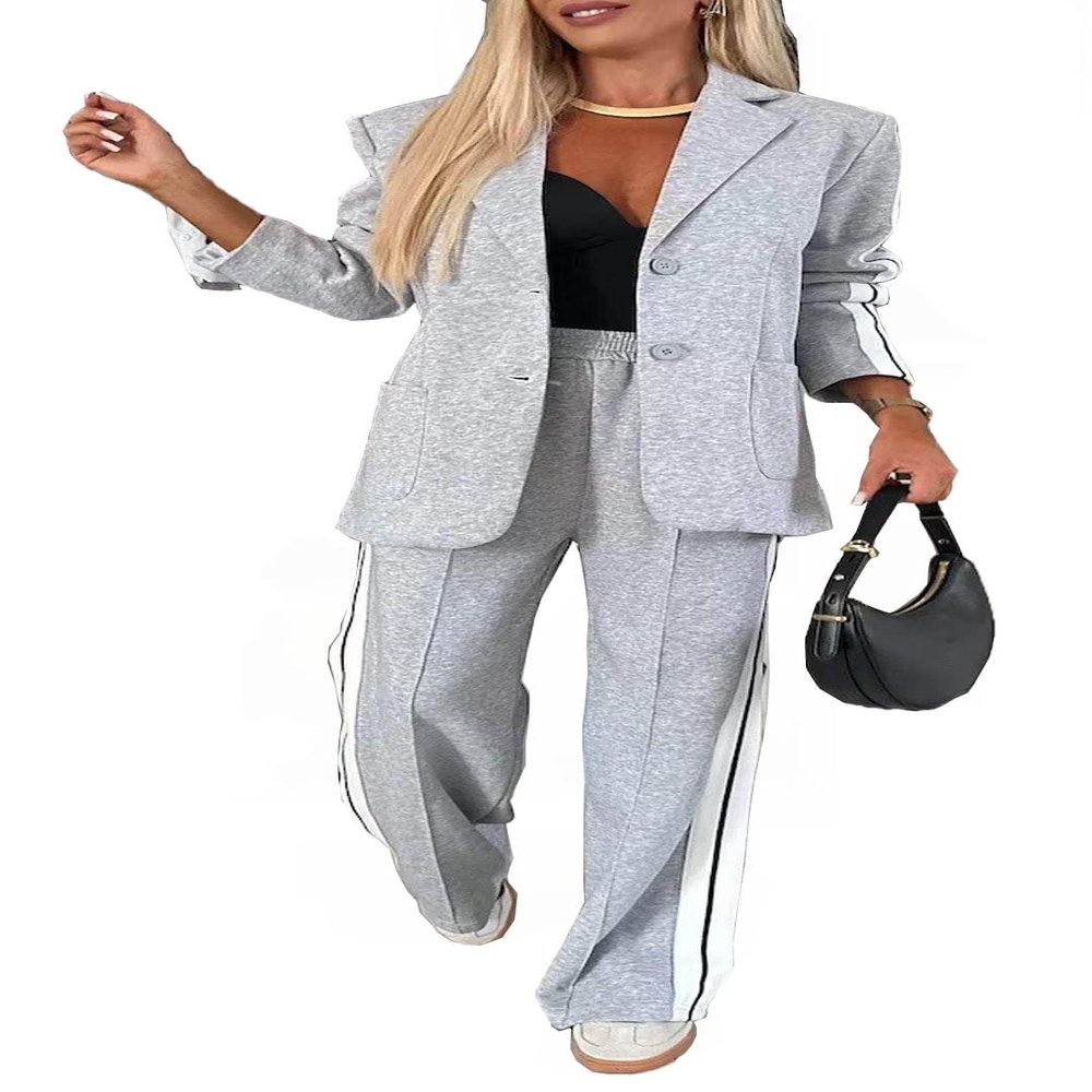 Women 2 Piece Business Outfits Sets Striped Print Blazer Jacket and Wide Leg Pants Work Casual Office Suit Sets (US, Alpha, Small, Regular, Regular, LightGray)