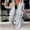 Women 2 Piece Business Outfits Sets Striped Print Blazer Jacket and Wide Leg Pants Work Casual Office Suit Sets (US, Alpha, Small, Regular, Regular, LightGray) view 3