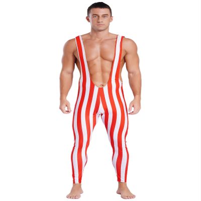easyforever Men's Christmas Candy Cane Costume Striped Suspender Bodysuit Jumpsuit Clubwear Red&White X-Large