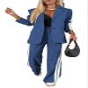 Women 2 Piece Business Outfits Sets Striped Print Blazer Jacket and Wide Leg Pants Work Casual Office Suit Sets (US, Alpha, Small, Regular, Regular, Blue) view 1