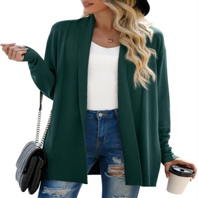 GRECERELLE Women's Long Sleeve Open Front Shawl Collar Cardigan Lightweight Ribbed Knit Dressy Sweater Jacket, Dark Green, Small