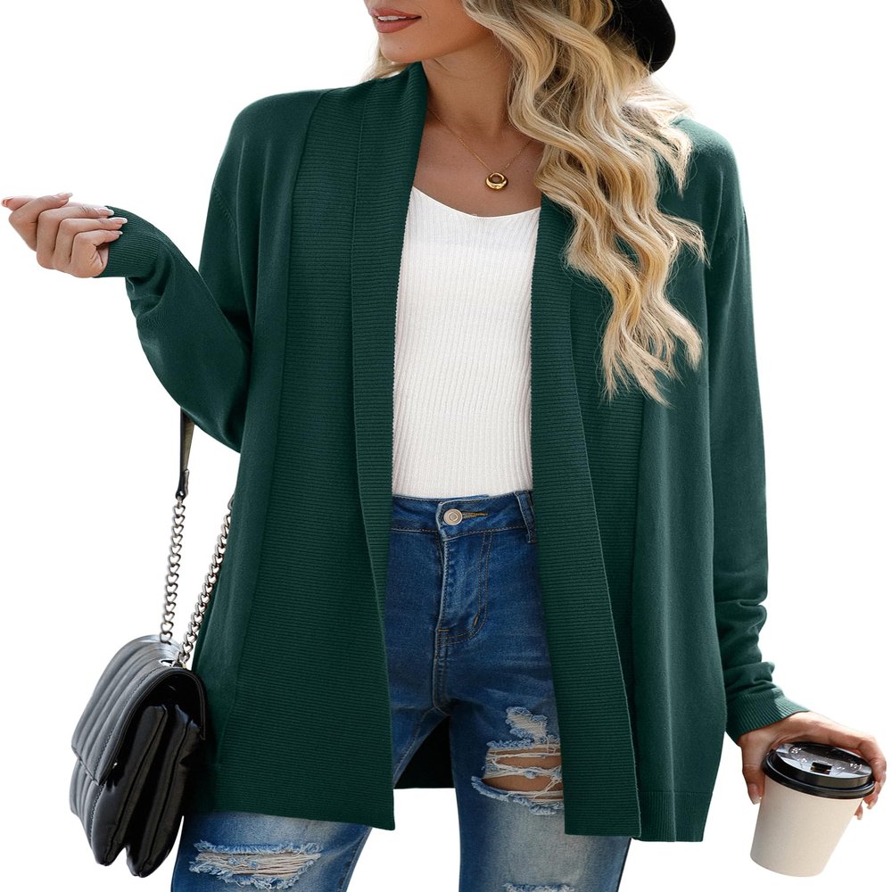 GRECERELLE Women's Long Sleeve Open Front Shawl Collar Cardigan Lightweight Ribbed Knit Dressy Sweater Jacket, Dark Green, Small