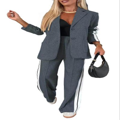 Women 2 Piece Business Outfits Sets Striped Print Blazer Jacket and Wide Leg Pants Work Casual Office Suit Sets (US, Alpha, XX-Large, Regular, Regular, Darkgray)