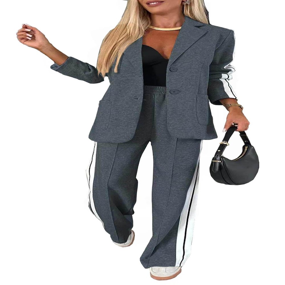 Women 2 Piece Business Outfits Sets Striped Print Blazer Jacket and Wide Leg Pants Work Casual Office Suit Sets (US, Alpha, XX-Large, Regular, Regular, Darkgray)