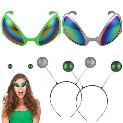 Chewtoyo 2 Pairs Of Alien Headbands And Sunglasses, Rainbow Lens Alien Cosplay Set, Antenna Head Bands, Fun Costume Accessories For Parties