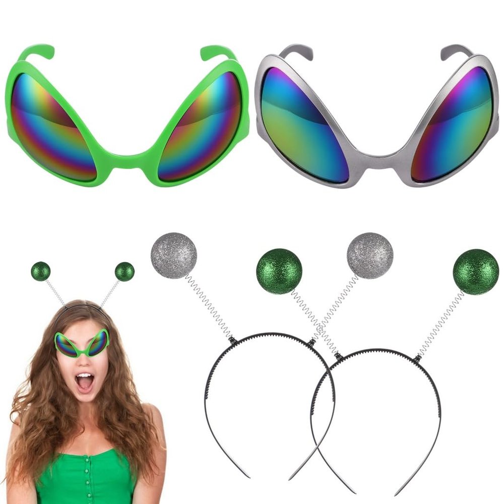 Chewtoyo 2 Pairs Of Alien Headbands And Sunglasses, Rainbow Lens Alien Cosplay Set, Antenna Head Bands, Fun Costume Accessories For Parties