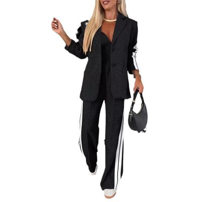 Women 2 Piece Business Outfits Sets Striped Print Blazer Jacket and Wide Leg Pants Work Casual Office Suit Sets (US, Alpha, 3X-Large, Regular, Regular, Black)