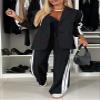 Women 2 Piece Business Outfits Sets Striped Print Blazer Jacket and Wide Leg Pants Work Casual Office Suit Sets (US, Alpha, 3X-Large, Regular, Regular, Black) view 2